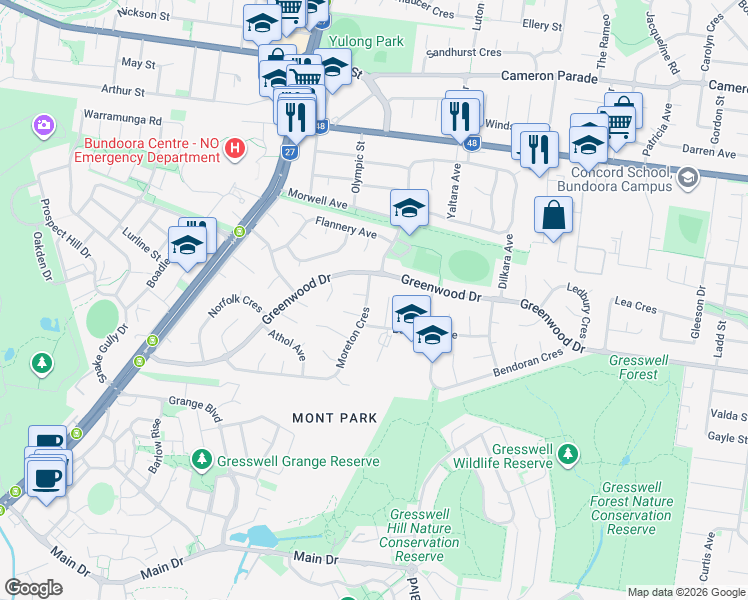 map of restaurants, bars, coffee shops, grocery stores, and more near 84 Moreton Crescent in Bundoora