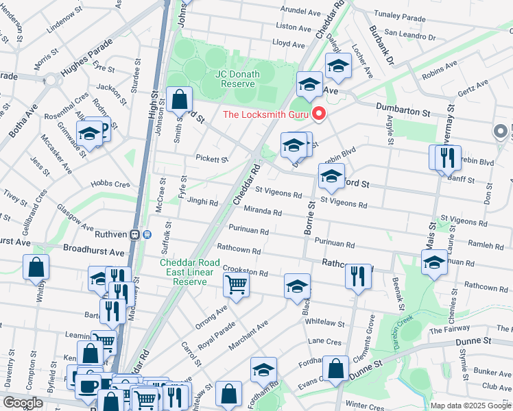 map of restaurants, bars, coffee shops, grocery stores, and more near 104 Miranda Road in Reservoir