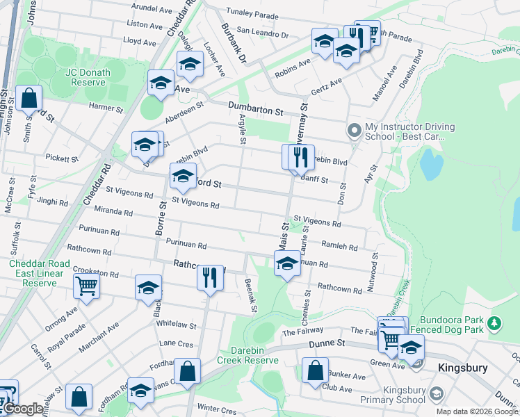 map of restaurants, bars, coffee shops, grocery stores, and more near 64 Saint Vigeons Road in Reservoir