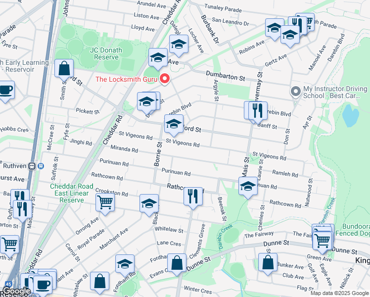map of restaurants, bars, coffee shops, grocery stores, and more near 79 Saint Vigeons Road in Reservoir