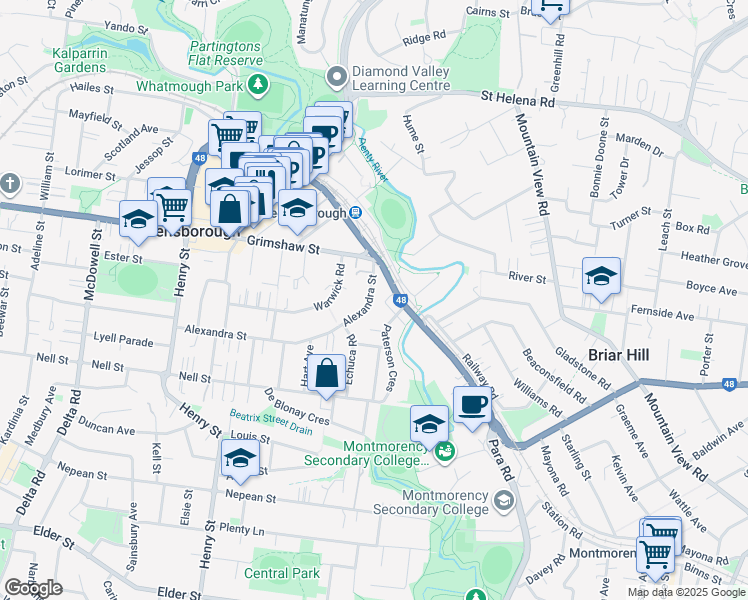 map of restaurants, bars, coffee shops, grocery stores, and more near 15 Alexandra Street in Greensborough