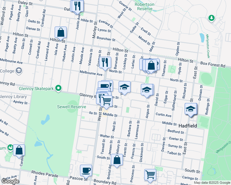 map of restaurants, bars, coffee shops, grocery stores, and more near 3 Patience Street in Hadfield