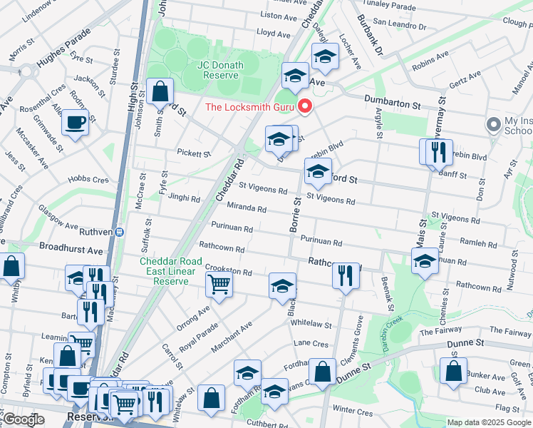 map of restaurants, bars, coffee shops, grocery stores, and more near 71 Miranda Road in Reservoir