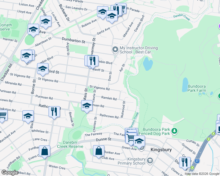 map of restaurants, bars, coffee shops, grocery stores, and more near 2 Don Street in Reservoir