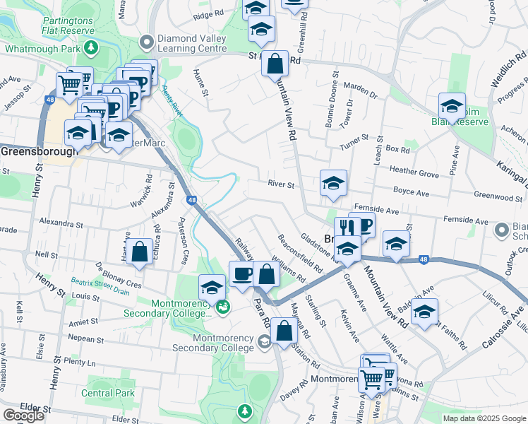 map of restaurants, bars, coffee shops, grocery stores, and more near 40 Beaconsfield Road in Briar Hill