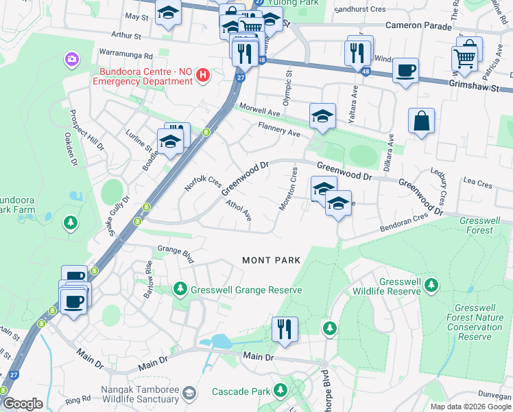 map of restaurants, bars, coffee shops, grocery stores, and more near 6 Cyprus Court in Bundoora