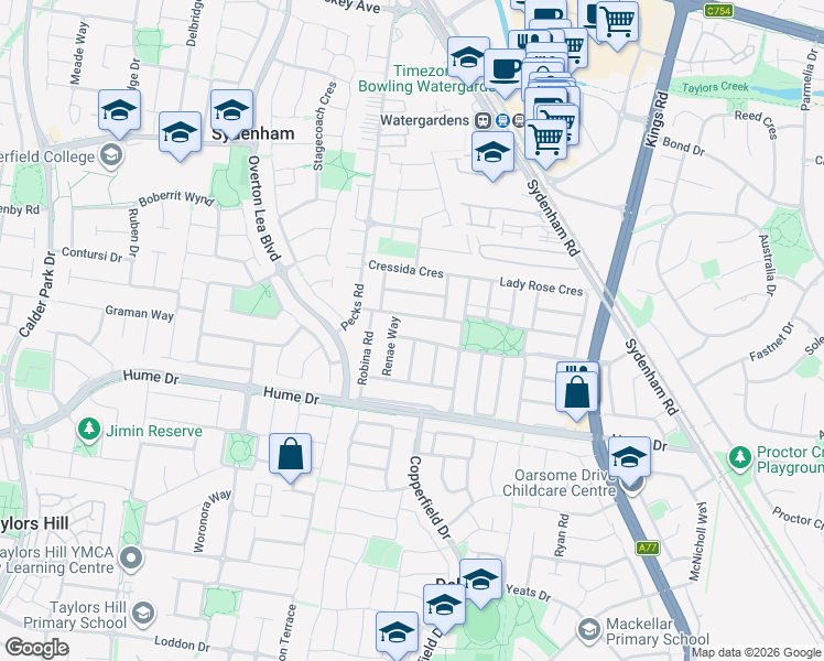 map of restaurants, bars, coffee shops, grocery stores, and more near 18 Lorraine Lee Way in Sydenham