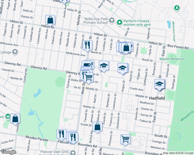 map of restaurants, bars, coffee shops, grocery stores, and more near 3 Geum Street in Hadfield