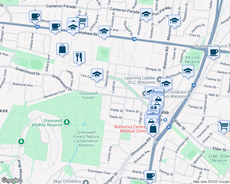 map of restaurants, bars, coffee shops, grocery stores, and more near 34-36 Ladd Street in Watsonia