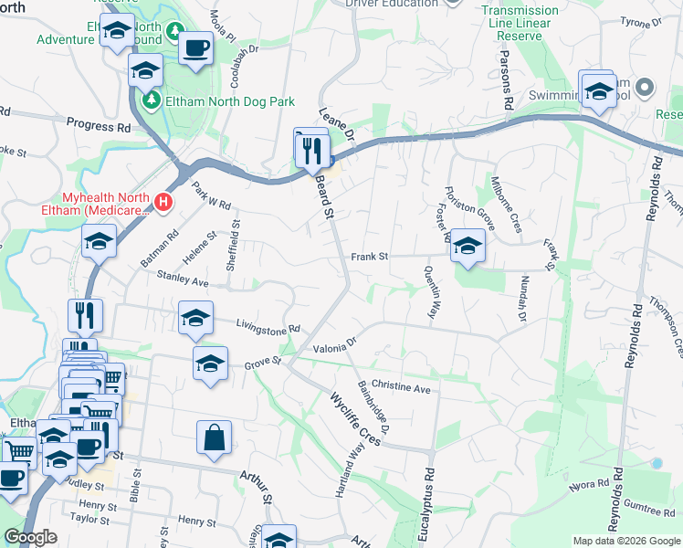 map of restaurants, bars, coffee shops, grocery stores, and more near 42 Shalbury Avenue in Eltham