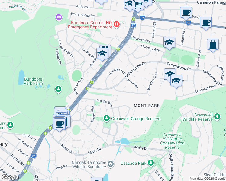 map of restaurants, bars, coffee shops, grocery stores, and more near 36 Greenwood Drive in Bundoora
