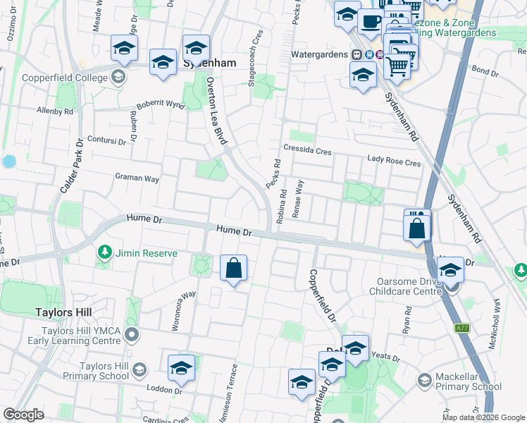 map of restaurants, bars, coffee shops, grocery stores, and more near 2 Barm Close in Sydenham