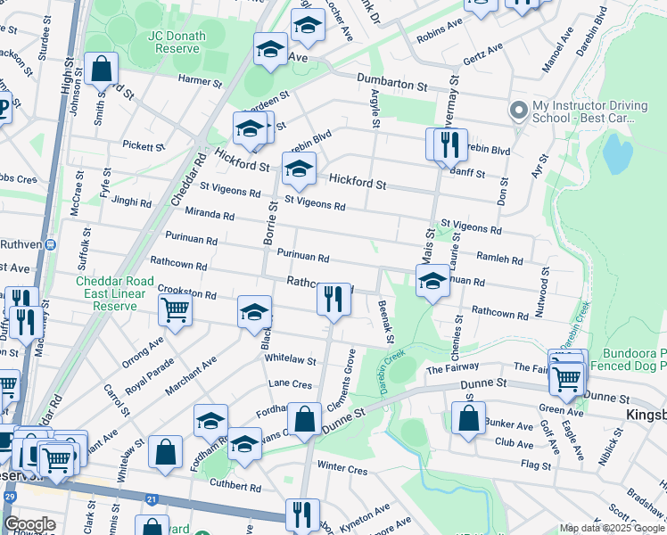 map of restaurants, bars, coffee shops, grocery stores, and more near 105 Purinuan Road in Reservoir