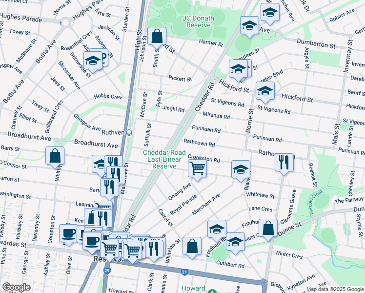 map of restaurants, bars, coffee shops, grocery stores, and more near 54 Cheddar Road in Reservoir