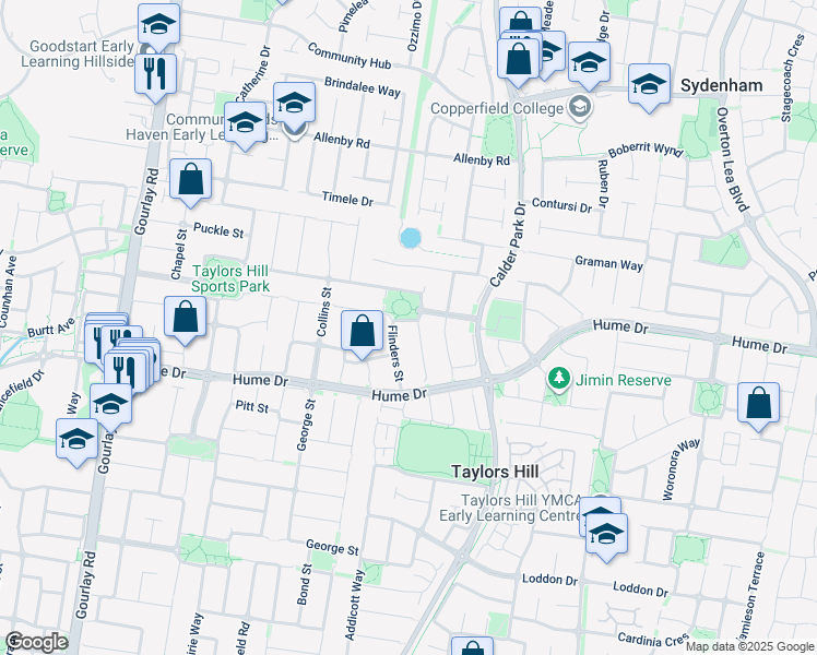 map of restaurants, bars, coffee shops, grocery stores, and more near 26 Flinders Street in Taylors Hill