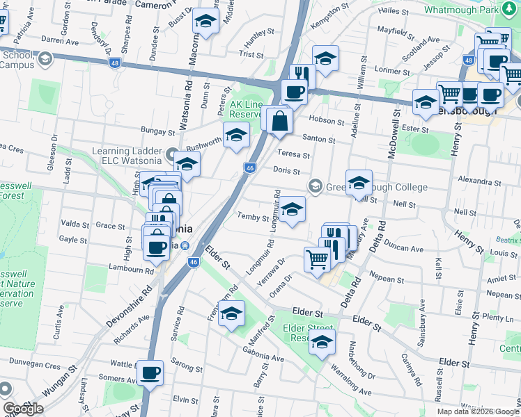 map of restaurants, bars, coffee shops, grocery stores, and more near 9 Thompson Street in Watsonia
