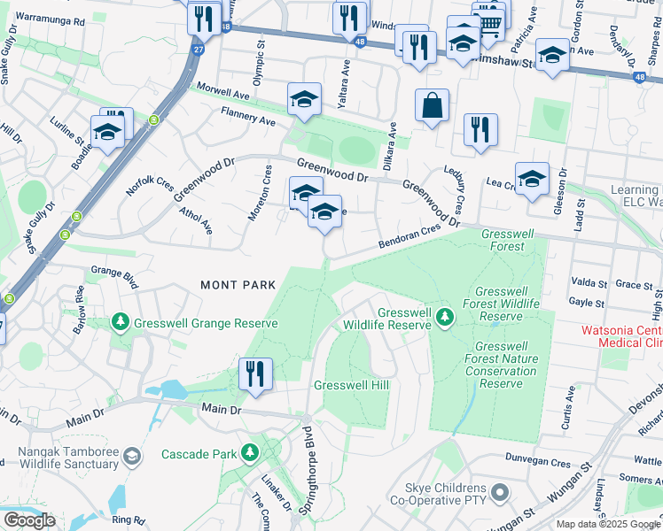 map of restaurants, bars, coffee shops, grocery stores, and more near 24 Bendoran Crescent in Bundoora
