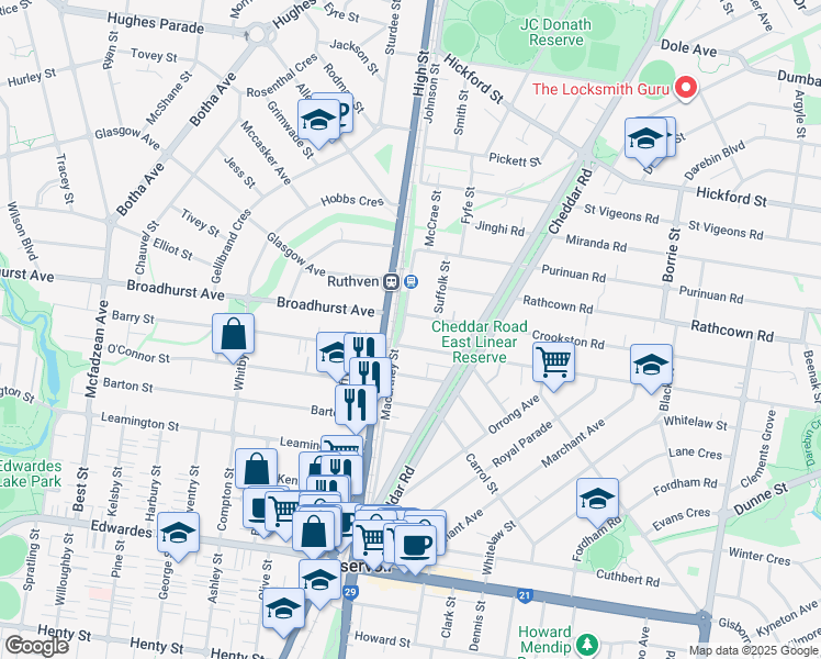 map of restaurants, bars, coffee shops, grocery stores, and more near 29 Macartney Street in Reservoir