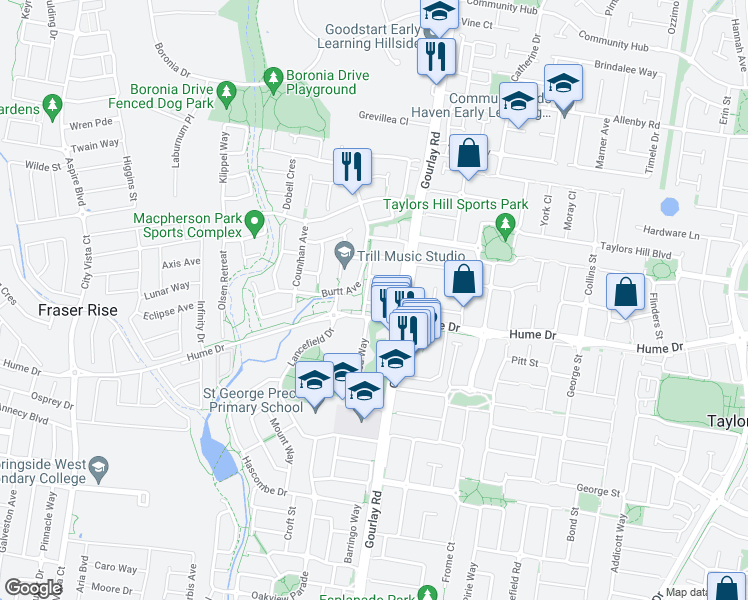 map of restaurants, bars, coffee shops, grocery stores, and more near 3 Doyle Lane in Caroline Springs