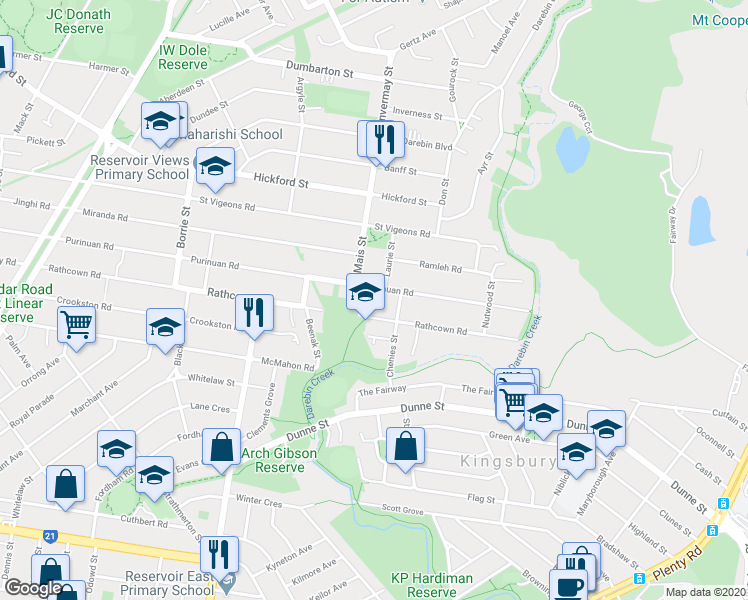 map of restaurants, bars, coffee shops, grocery stores, and more near 65 Purinuan Road in Reservoir