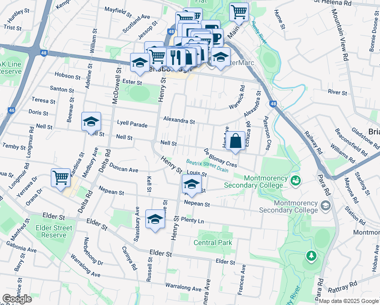 map of restaurants, bars, coffee shops, grocery stores, and more near 69 Nell Street in Greensborough