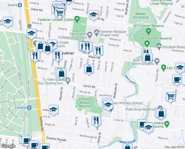 map of restaurants, bars, coffee shops, grocery stores, and more near 18 Frederick Street in Fawkner