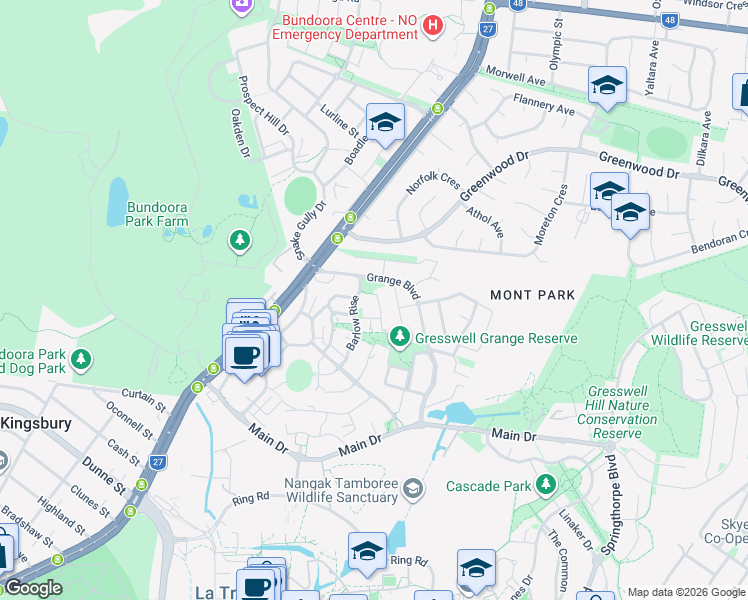 map of restaurants, bars, coffee shops, grocery stores, and more near 14 Lelean Close in Bundoora
