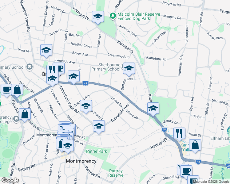 map of restaurants, bars, coffee shops, grocery stores, and more near 108 Sherbourne Road in Montmorency