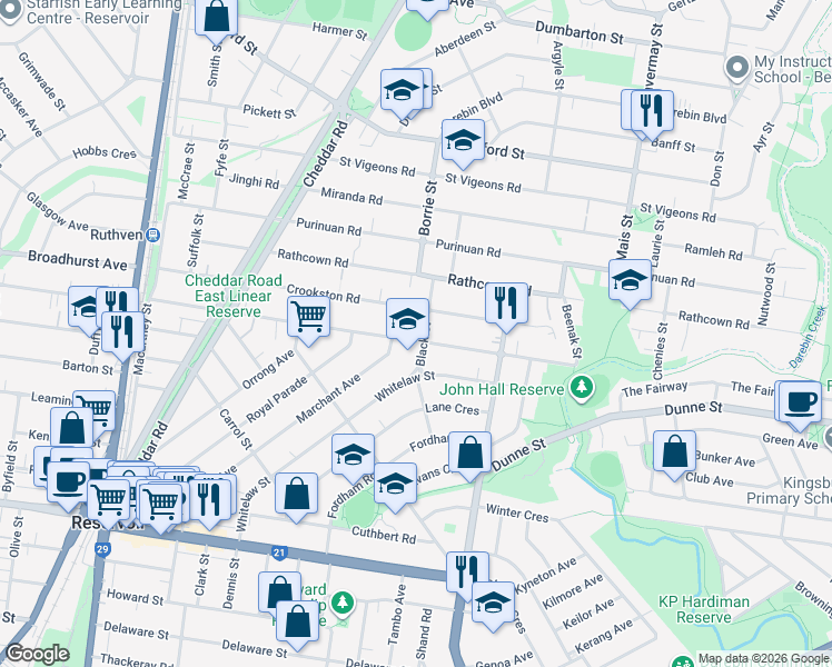 map of restaurants, bars, coffee shops, grocery stores, and more near 56 McMahon Road in Reservoir