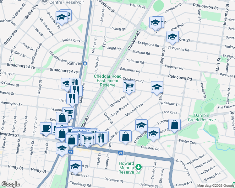 map of restaurants, bars, coffee shops, grocery stores, and more near 5 Biran Court in Reservoir