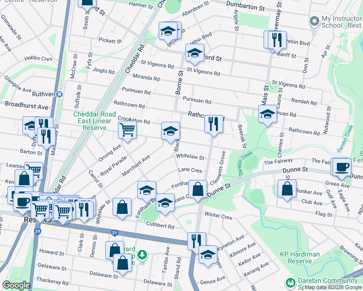 map of restaurants, bars, coffee shops, grocery stores, and more near 41 McMahon Road in Reservoir