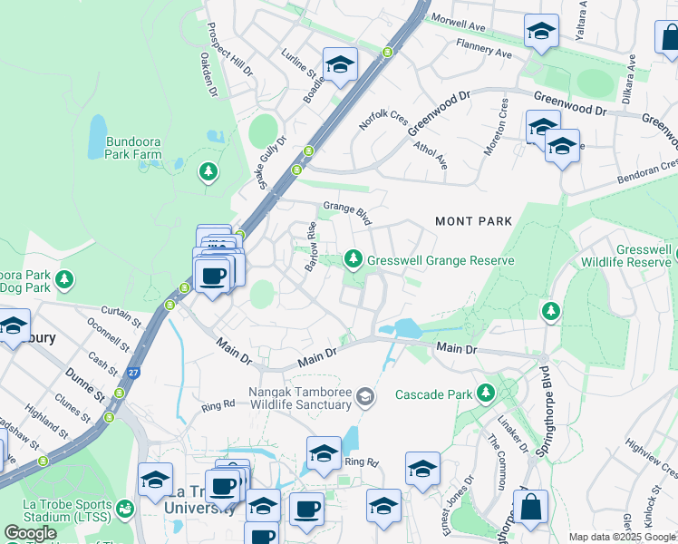 map of restaurants, bars, coffee shops, grocery stores, and more near 17 Bircanin Close in Bundoora