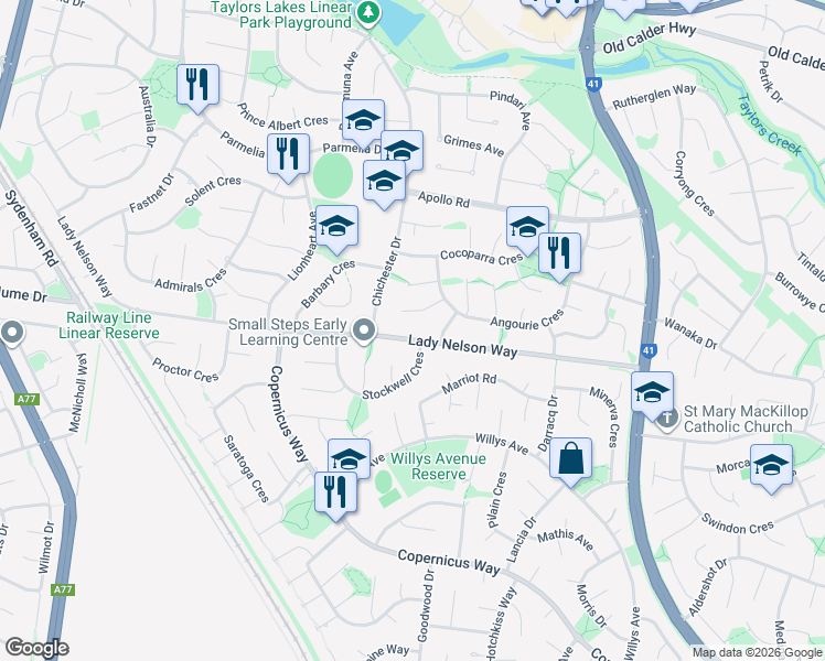 map of restaurants, bars, coffee shops, grocery stores, and more near 72 Lady Nelson Way in Taylors Lakes