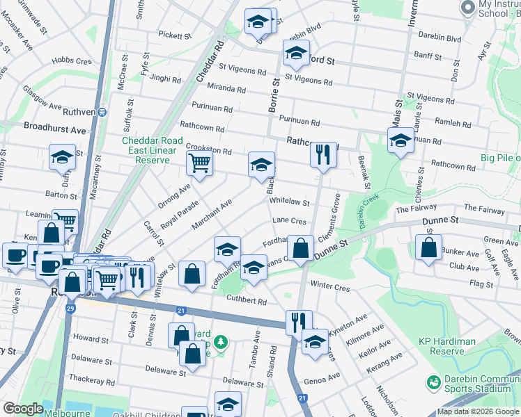 map of restaurants, bars, coffee shops, grocery stores, and more near 66 Whitelaw Street in Reservoir