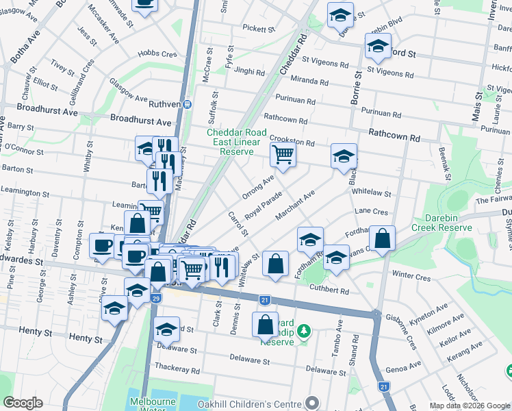 map of restaurants, bars, coffee shops, grocery stores, and more near 85 Royal Parade in Reservoir