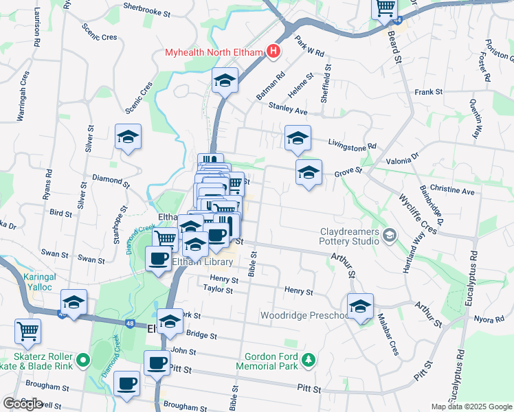 map of restaurants, bars, coffee shops, grocery stores, and more near 28 Luck Street in Eltham