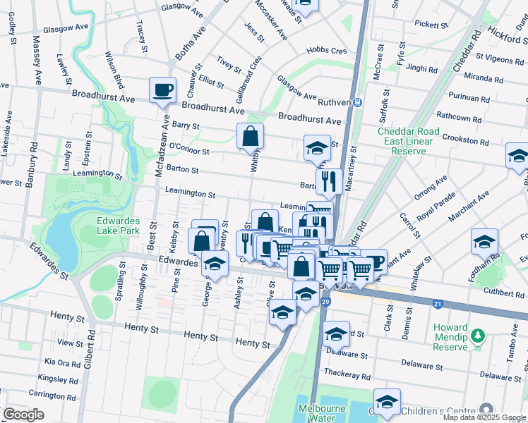 map of restaurants, bars, coffee shops, grocery stores, and more near 43 Byfield Street in Reservoir