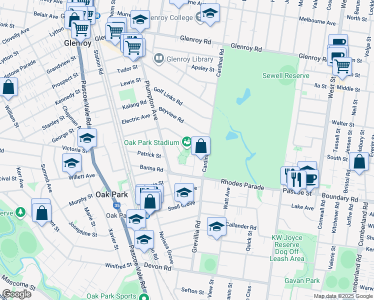 map of restaurants, bars, coffee shops, grocery stores, and more near 9 Hillcrest Road in Oak Park
