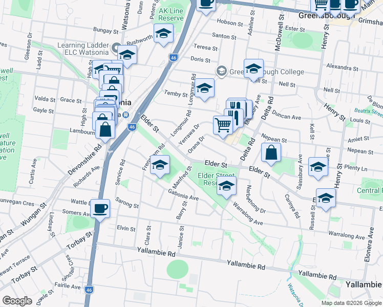map of restaurants, bars, coffee shops, grocery stores, and more near 59 Orana Drive in Watsonia