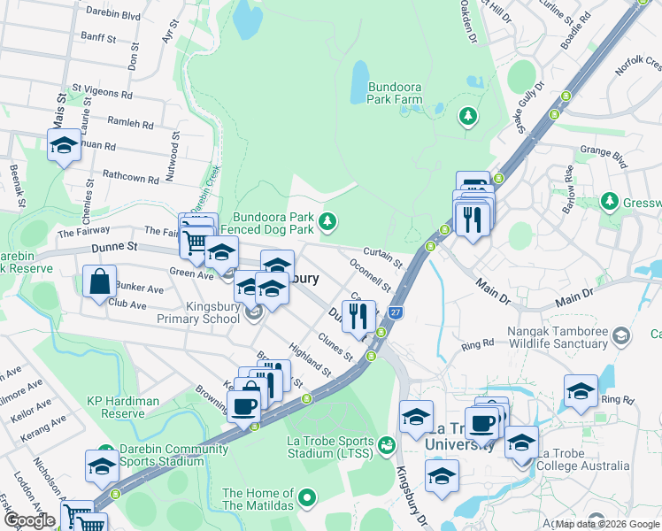 map of restaurants, bars, coffee shops, grocery stores, and more near 32 Cash Street in Kingsbury