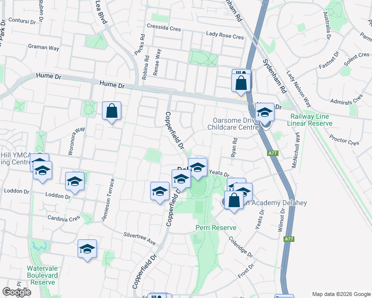 map of restaurants, bars, coffee shops, grocery stores, and more near 1 Birchwood Way in Delahey