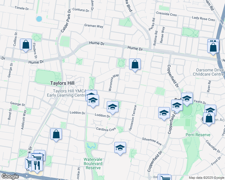 map of restaurants, bars, coffee shops, grocery stores, and more near 4 Narrabeen Street in Taylors Hill