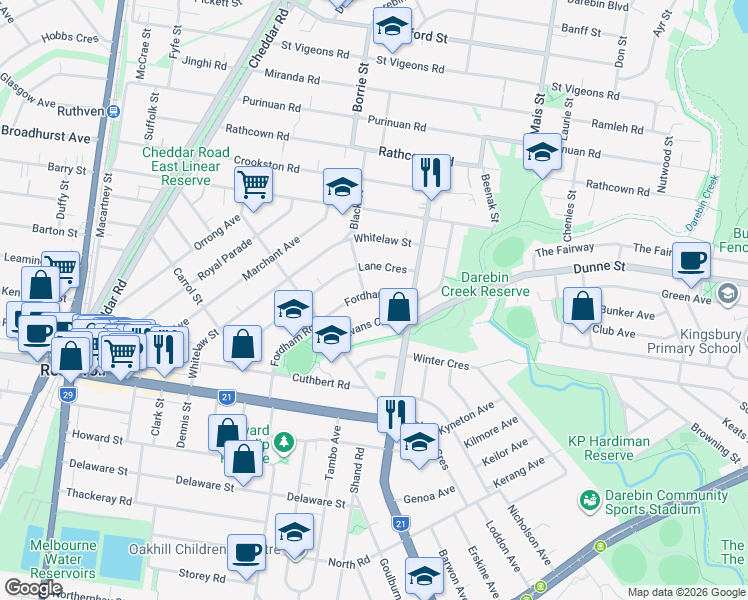 map of restaurants, bars, coffee shops, grocery stores, and more near 22 Fordham Road in Reservoir