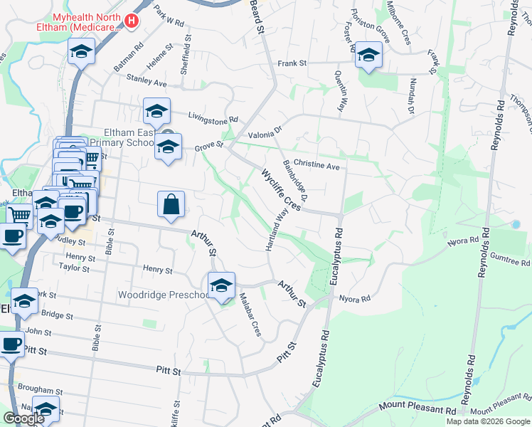 map of restaurants, bars, coffee shops, grocery stores, and more near 2 Barriedale Court in Eltham