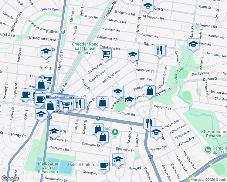 map of restaurants, bars, coffee shops, grocery stores, and more near 31 Lane Crescent in Reservoir