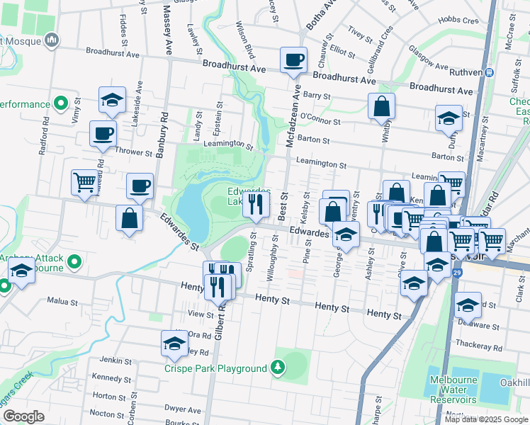 map of restaurants, bars, coffee shops, grocery stores, and more near 1 Griffiths Street in Reservoir