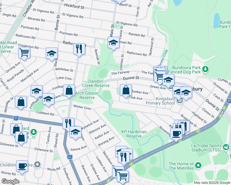 map of restaurants, bars, coffee shops, grocery stores, and more near 17 Parkhaven Avenue in Kingsbury