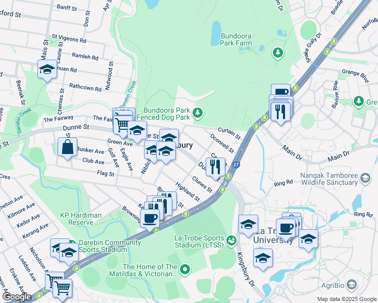 map of restaurants, bars, coffee shops, grocery stores, and more near 34 Dunne Street in Kingsbury