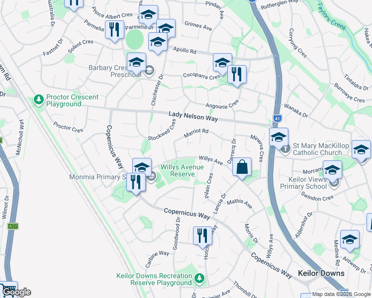 map of restaurants, bars, coffee shops, grocery stores, and more near 6 Sobar Court in Keilor Downs