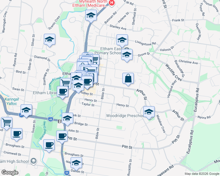 map of restaurants, bars, coffee shops, grocery stores, and more near 38 Arthur Street in Eltham